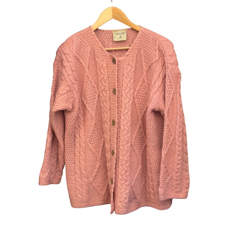 Vintage Connemara Knitwear Cardigan Pink Merino Wool Irish Cable Knit Sweater